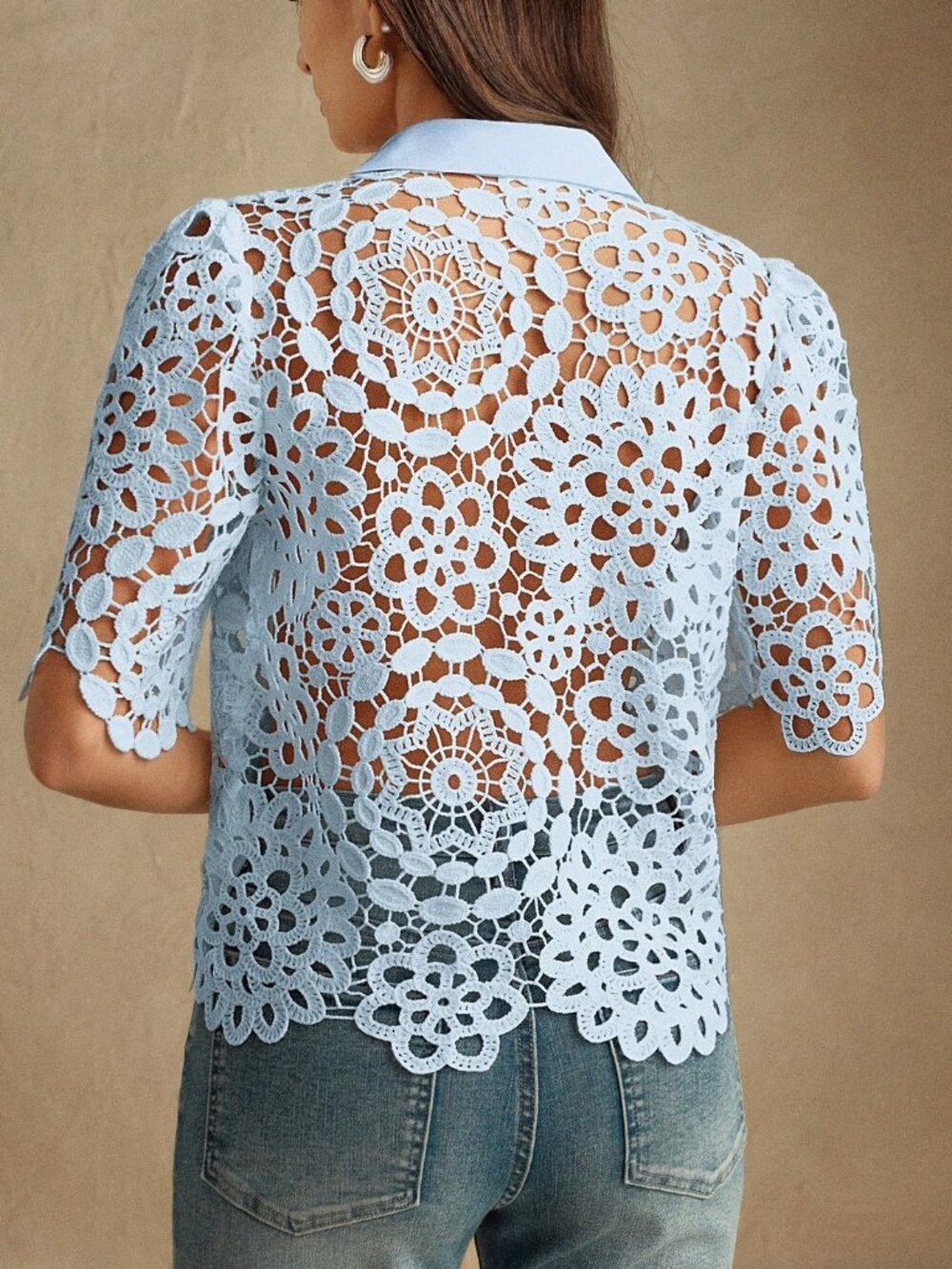 Blue Casual Women's Elegant Floral Hollow-Out Lace Blouse - Picture 2 of 6
